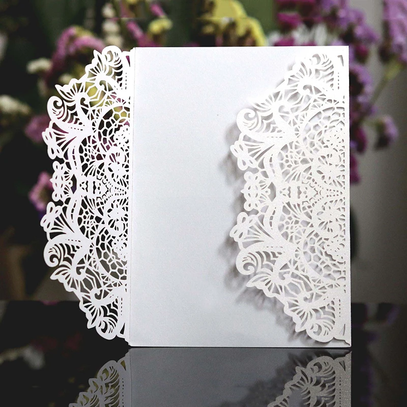 

25Pcs Fashion Double Fold Wedding Invitations With Pearl Paper Laser Cut Invitation Greeting Cards Baby Shower Thank You Cards
