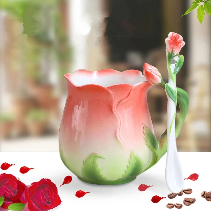 

3D Rose Enamel Coffee Mug Tea Milk Cup Set With Spoon Creative Ceramic European Bone China Drinkware for Friend Gift