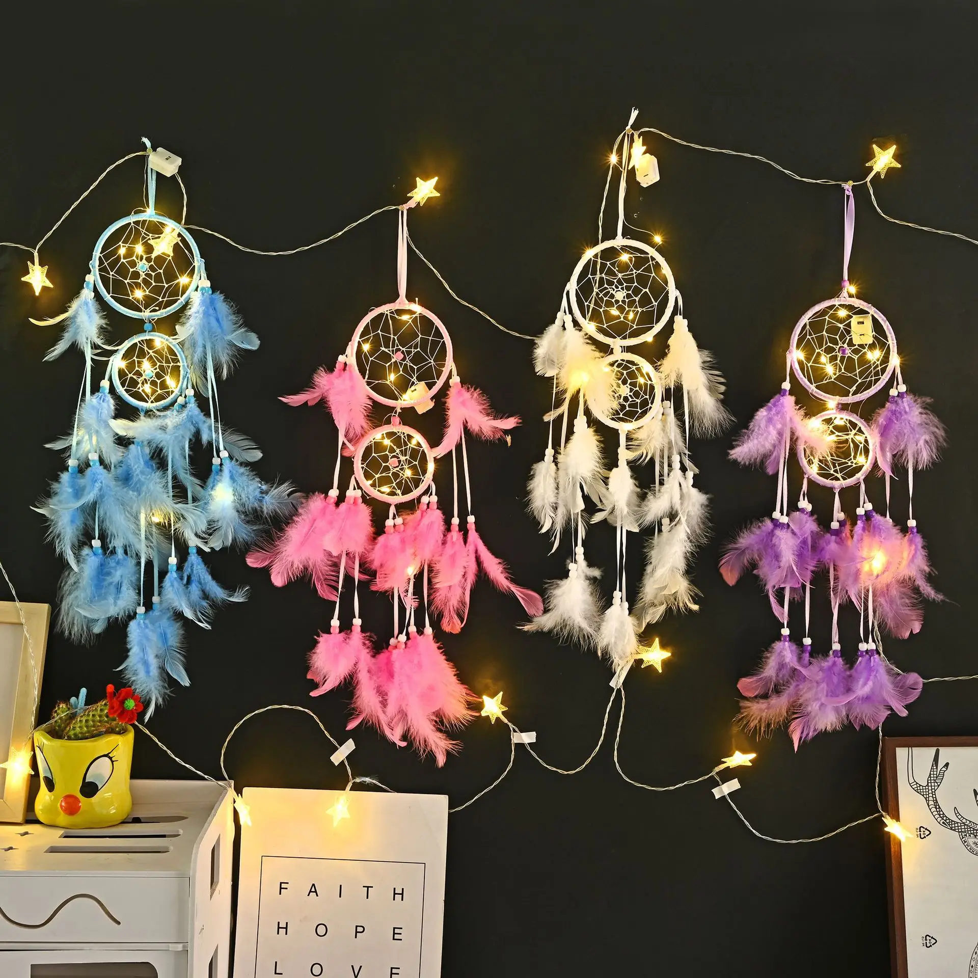 

Creative Double Ring Wind Chime Room Decor Feather Weaving Catching Up The Dream Angle Dreamcatcher Wind Chimes Religious Mascot