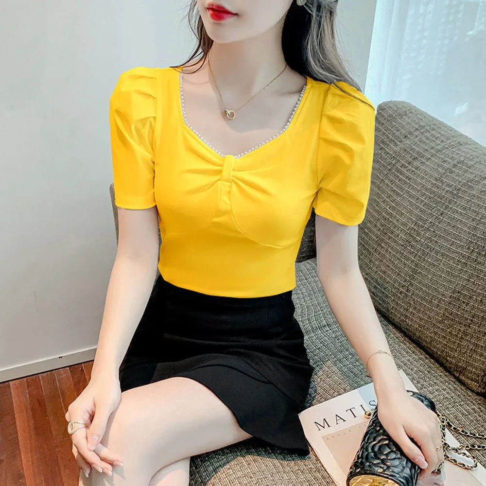 Женские футболки бусина с бантиком футболка квадратным вырезом женский топ