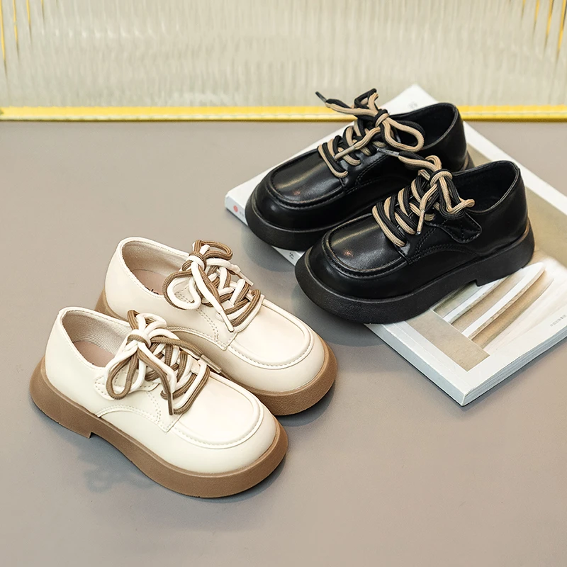 

Однотонные кожаные туфли для девочек, новинка весны 2023, Детские Классические лоферы на шнуровке и мягкой нескользящей подошве в британском стиле, простые