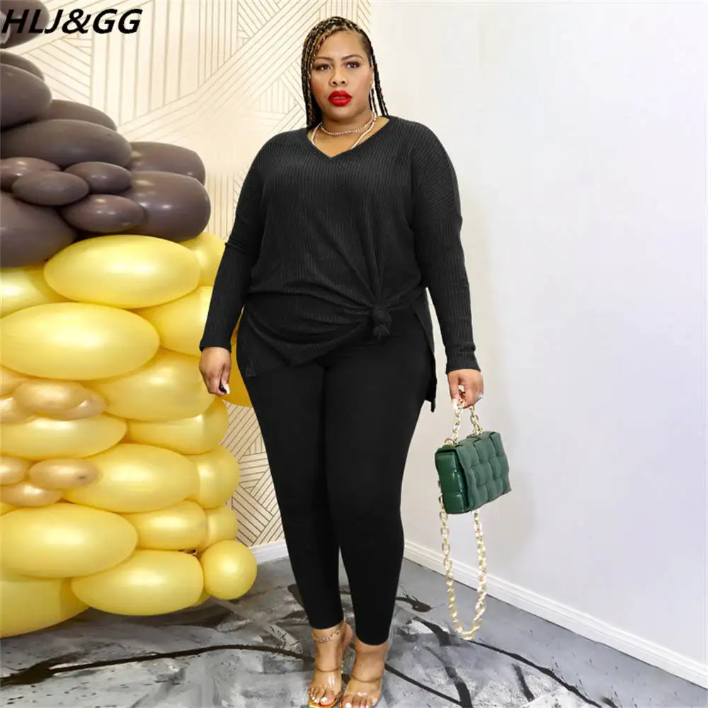 HLJ&GG Fall Winter Plus Size Tracksuits XL-5XL Women Round Neck Long Sleeve Side Slit Top And Skinny Pants Two Piece Sets Outfit