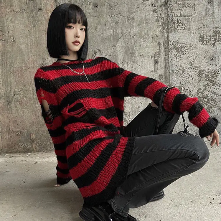 

Y2K Pink Striped Gothic Sweaters Women Ripped Holes Loose Knitted Pullover Frayed Fairy Grunge Jumpers Emo Streetwear Lolita