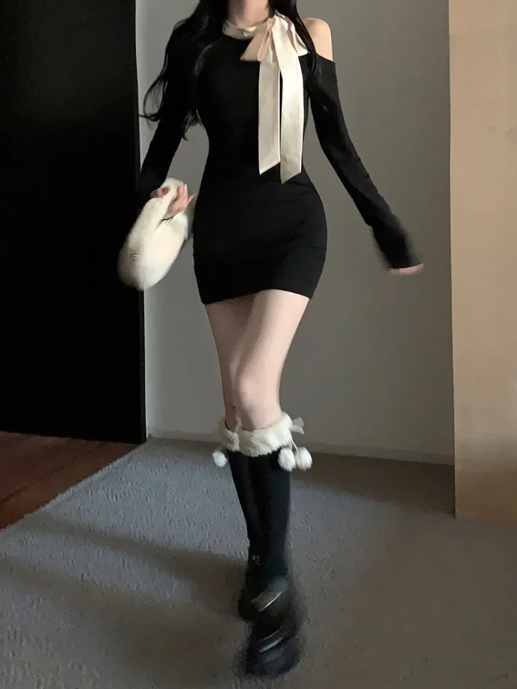 QWEEK пикантное облегающее Черное мини-платье с открытыми плечами Женские