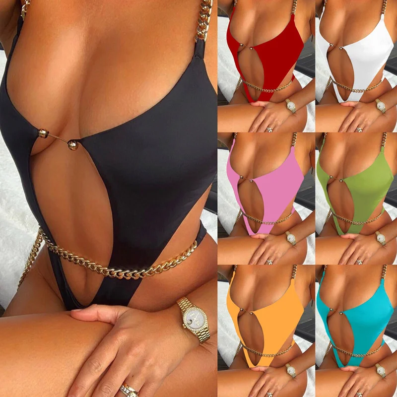 

2022 Sexy Hollow Chain Swimwear Women Thong One Piece Swimsuit Monokini Beach Badpak Mujer Trikini Banador Bikini Maio Biquini