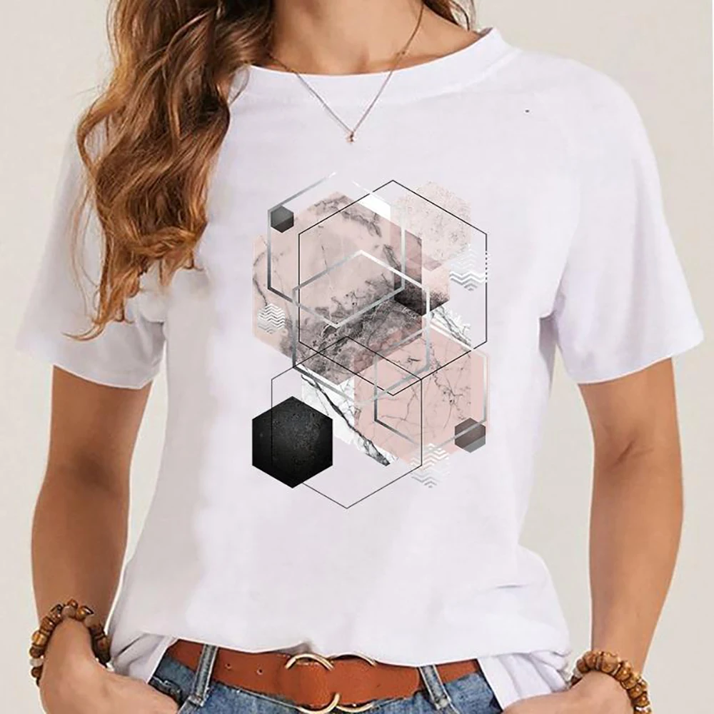 

2023 Women Fashion Tops Geometry Pattern Print T-Shirt White All-match Commute Short Sleeve Ladies O-Neck Tee Womens Clothing
