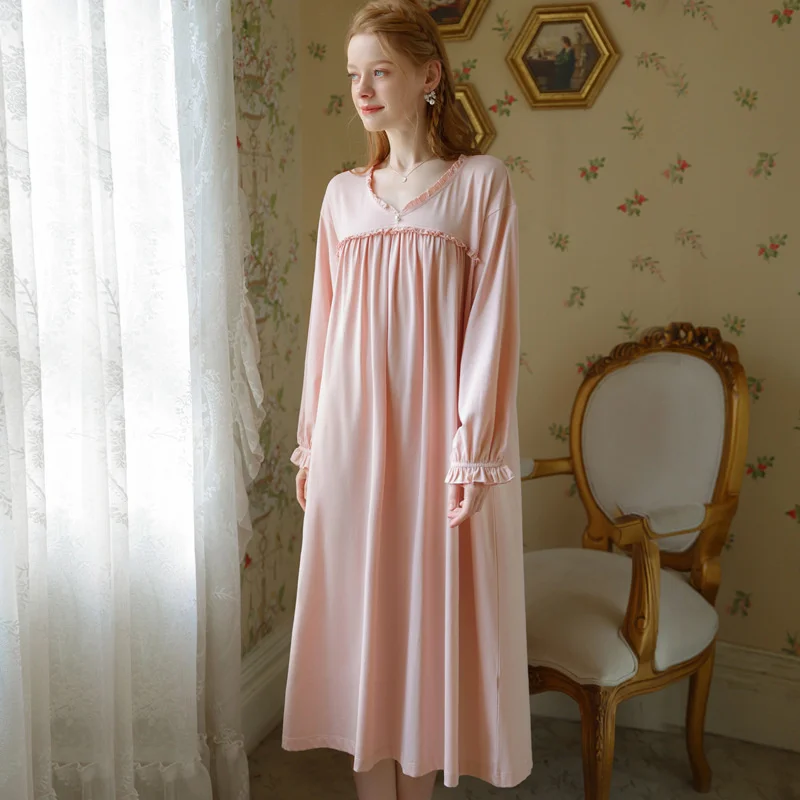 Spring Women's Nightdress Cotton Long Sleeve Sleepshirt Autumn Soft Comfy Nightwear French Style Princess Vintage Dressing Gown
