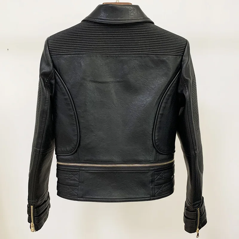 Newest Fall Winter 2023 Designer Motorcycle Jacket Women's Lion Metal Buttons Double Breasted Synthetic Leather Blazer Overcoat