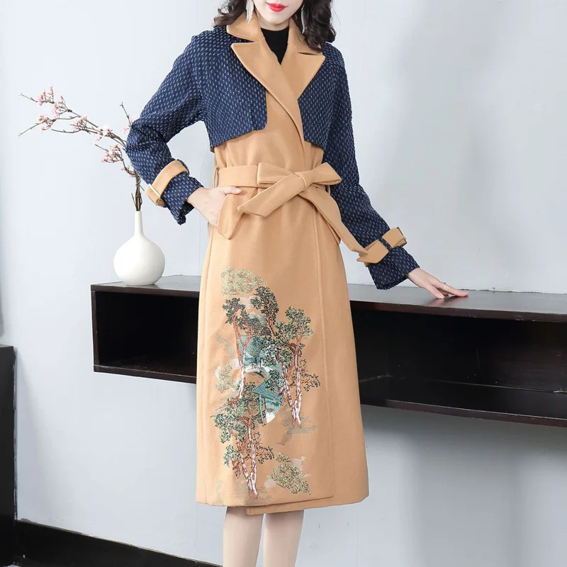 

Heavy embroidered words long-sleeved stitching waist belt woolen jacket women's new autumn and winter 2022