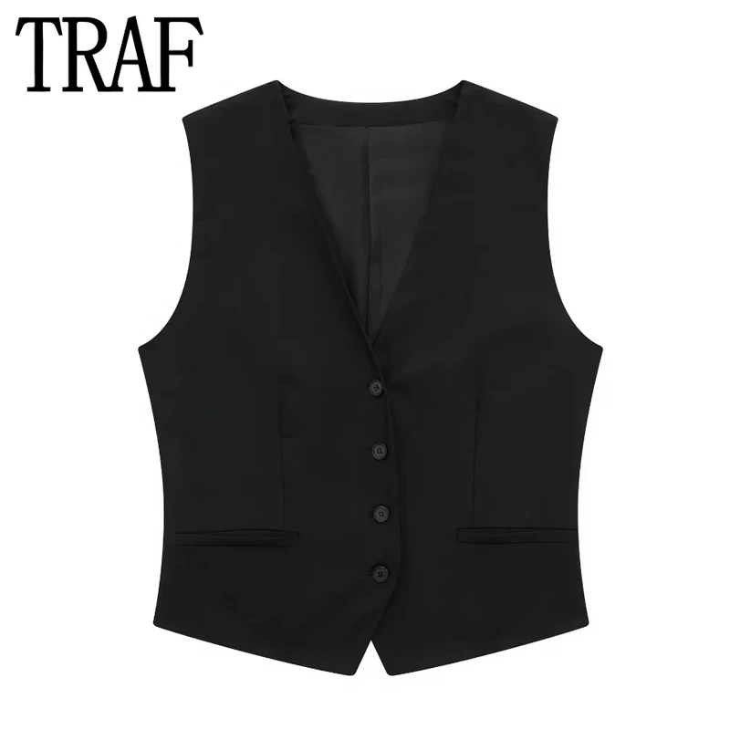

TRAF 2023 Black Vest Women Cropped Sleeveless Jacket Woman Waistcoat Button Summer Women's Suit Vest Elegant Womens Jackets