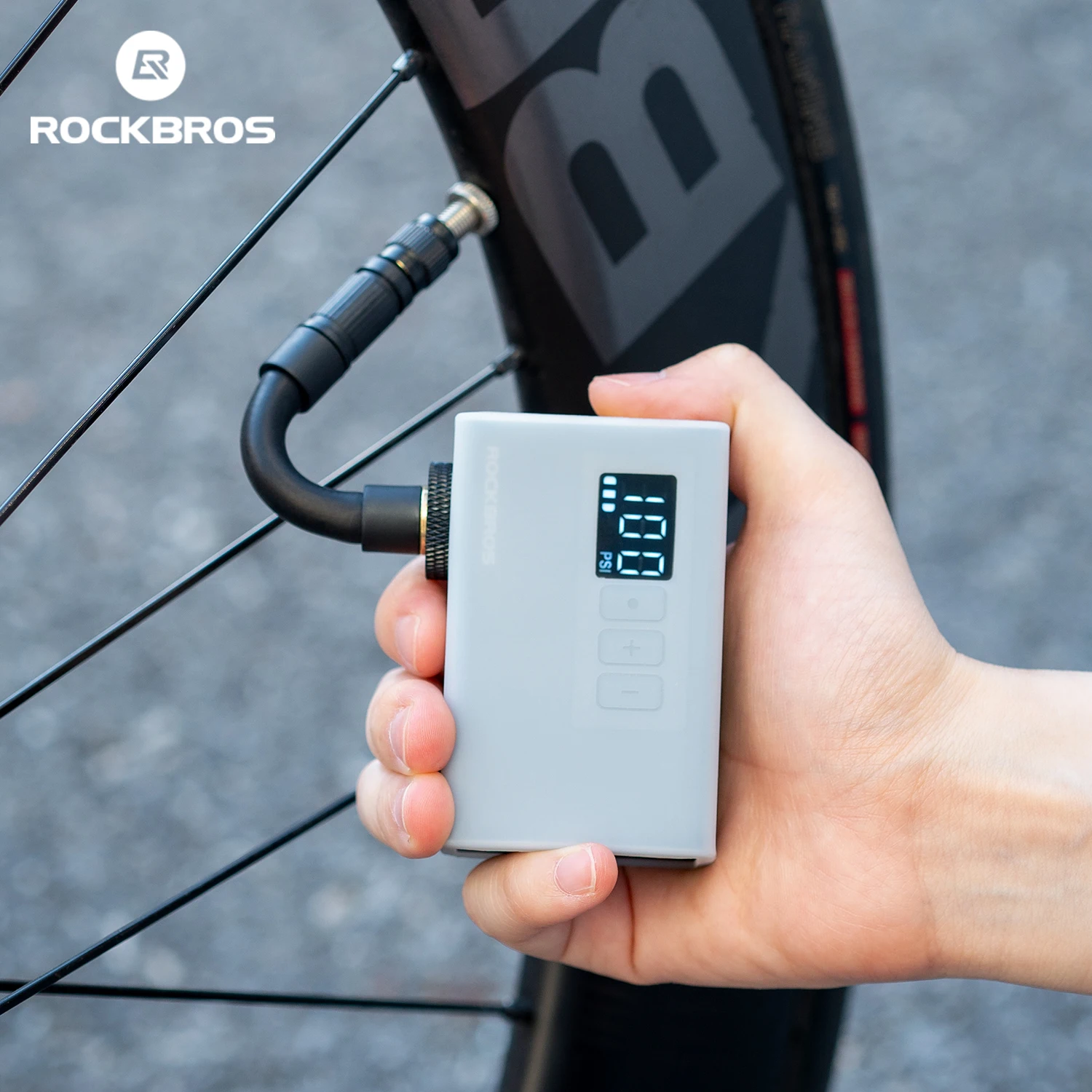 Фото Электрический насос ROCKBROS 120 PSI, портативный, для велосипедов, с функцией подзарядки, 420 мАч, из алюминиевого сплава, с цифровым дисплеем. №2