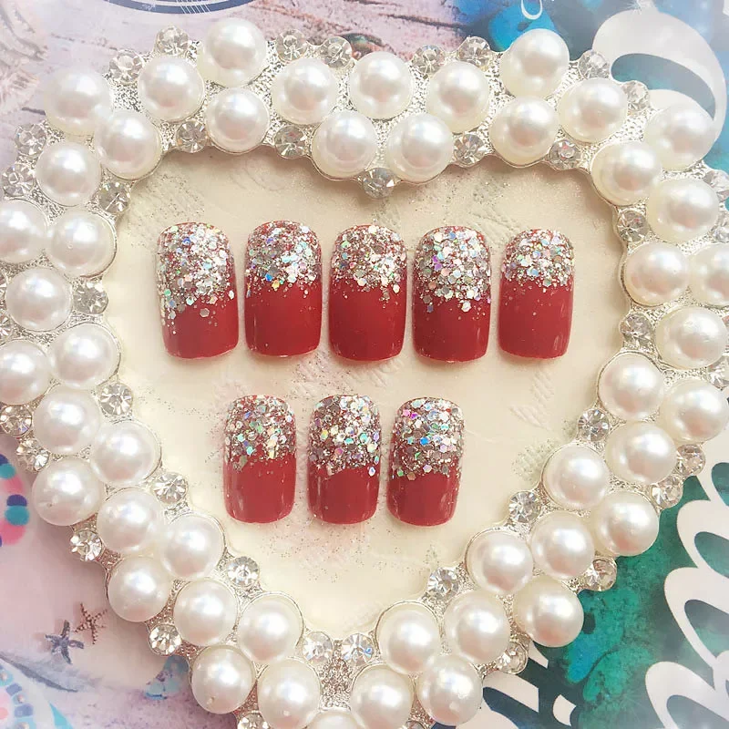 

Red Color Short Size Fake Nails Women Fashion Glitter Patch Nail Art Tools Bride Wedding Party Nail Tips With Glue