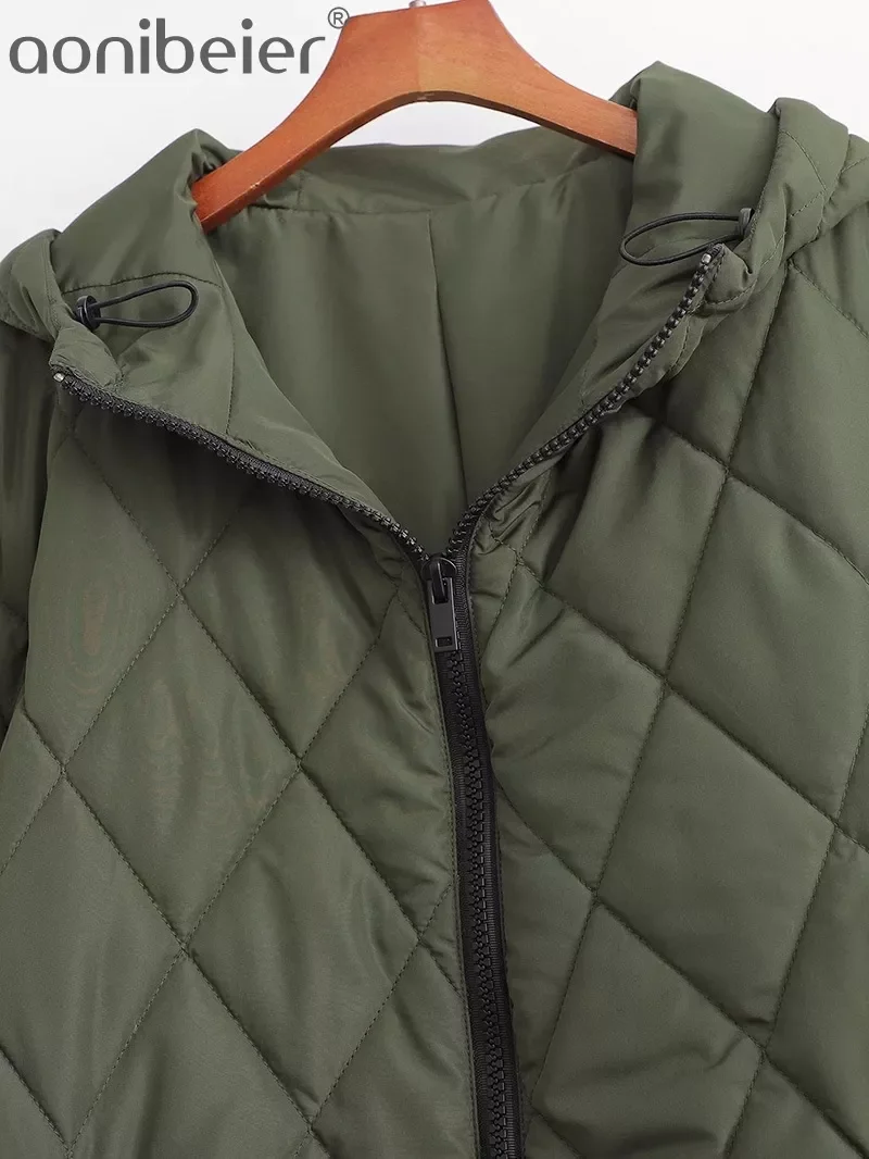 New2022 2022   Woman Casual Traf Coats Winter Warm Argyle Quilted Padded Jacket Hooded Zipper Mid Length Loose Parkas Outwear