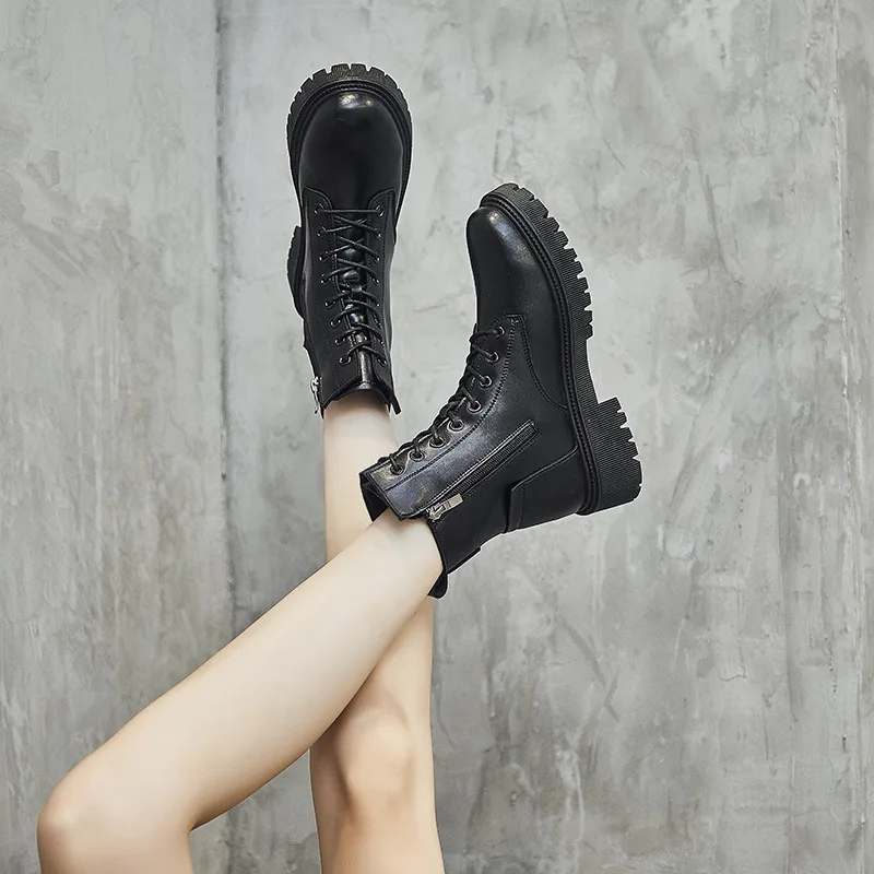 

Женские осенние ботинки 2022, модные ботинки на британской платформе, мотоциклетные ботинки с боковой молнией, женские ботильоны на шнуровке,...