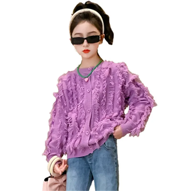 

Весенне-осенняя одежда для девочек-подростков 2023, кардиган с бахромой, пальто, фиолетовый, белый свитер, топ, модная Корейская верхняя одежда для детей