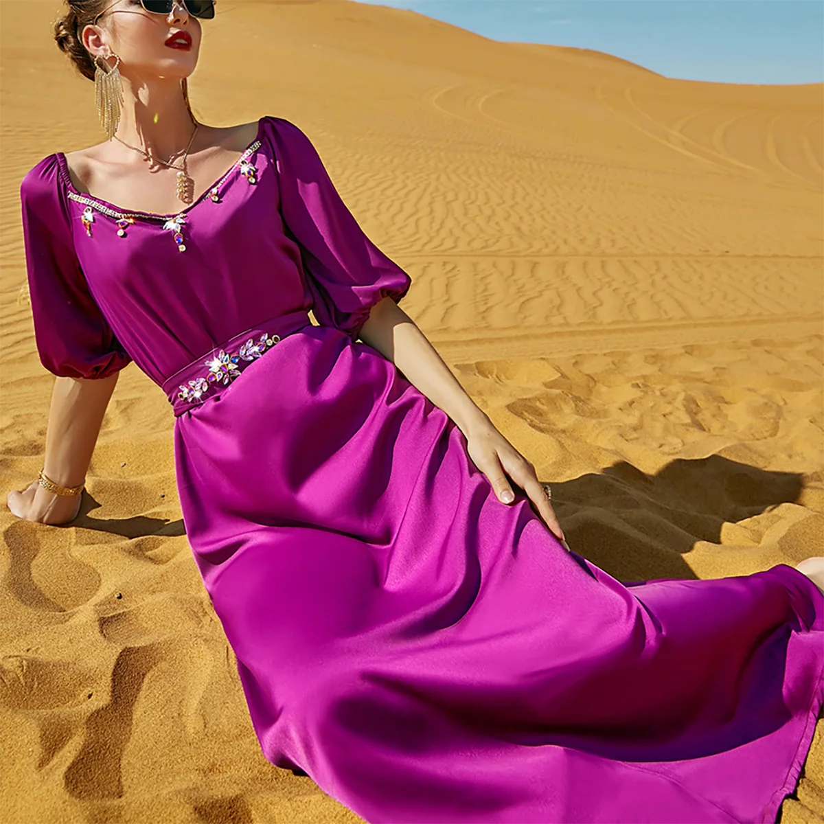 

Rose Purple One-Shoulder Mid-Sleeve Dress Middle East Women's Long Abaya Dress