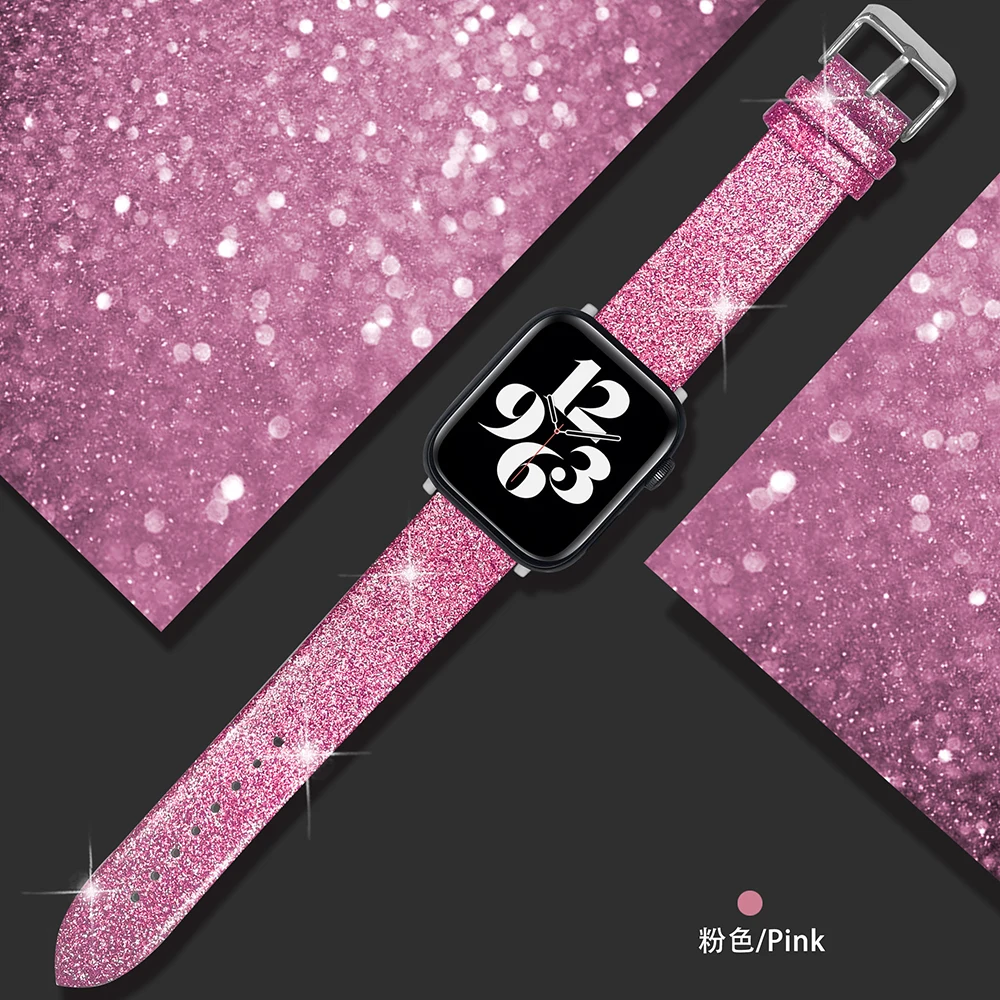 

Glitter strap For Apple Watch 7 41mm 45mm band 44mm 40mm 42mm 38mm Women leather loop correa bracelet iWatch Series 7 6 5 4 3 SE