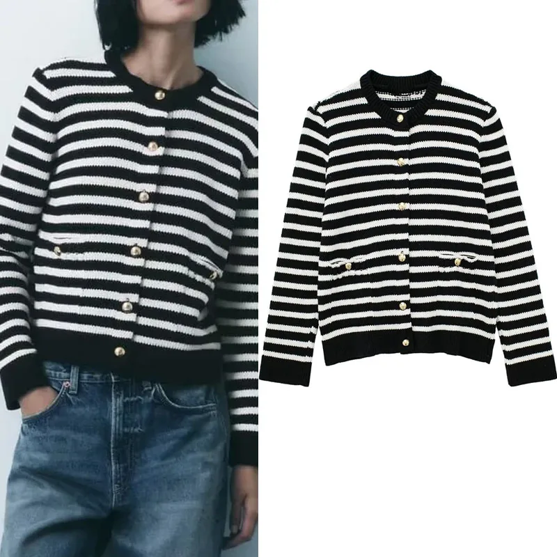 

Женский трикотажный кардиган в полоску, с круглым вырезом и длинными рукавами