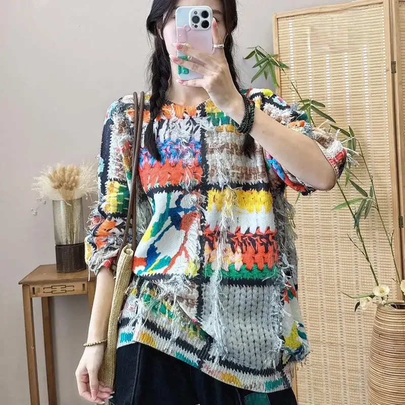 Женский свитер с бахромой Dimanaf свободный трикотажный пуловер цветочным принтом