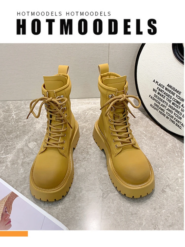 2022 Spring Cow Leather  Boots Female Casual Boots Fashion Preppy Style Women's Shoes Platform Heels Lace-Up New