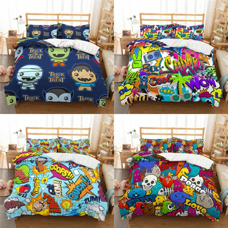 

Cartoon Graffiti Print Polyester Bedding Sets Child Kids Covers Boys Bed Linen Set for Teens king size bedding set