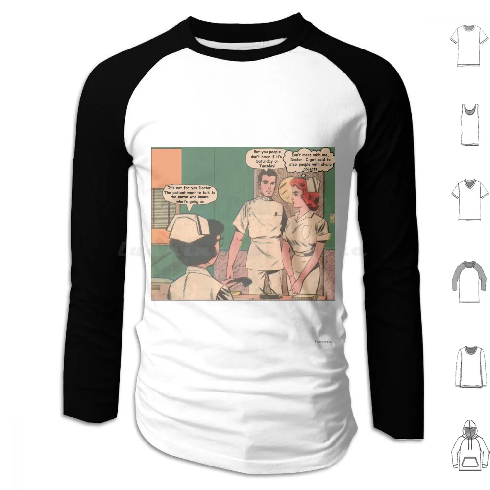 

Nurses : Vintage Comic Book Graphics , Humor Hoodies Long Sleeve Nurse Nursing Medicine Women Health Graphics Vintage