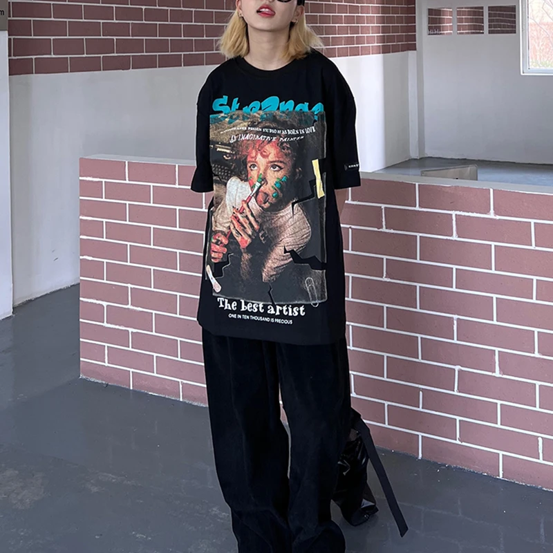 

Новинка 2023, американская женская футболка в стиле хип-хоп, модный брендовый Свободный Топ оверсайз в стиле Хай-стрит, с круглым вырезом, одежда из 100% хлопка