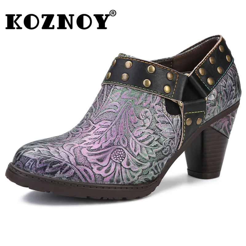 

Koznoy 6.5cm New Print Ethnic Chunky Heel Embossed Spring Woman Moccasins Metal Decoration Big Size Genuine Leather Autumn Shoes