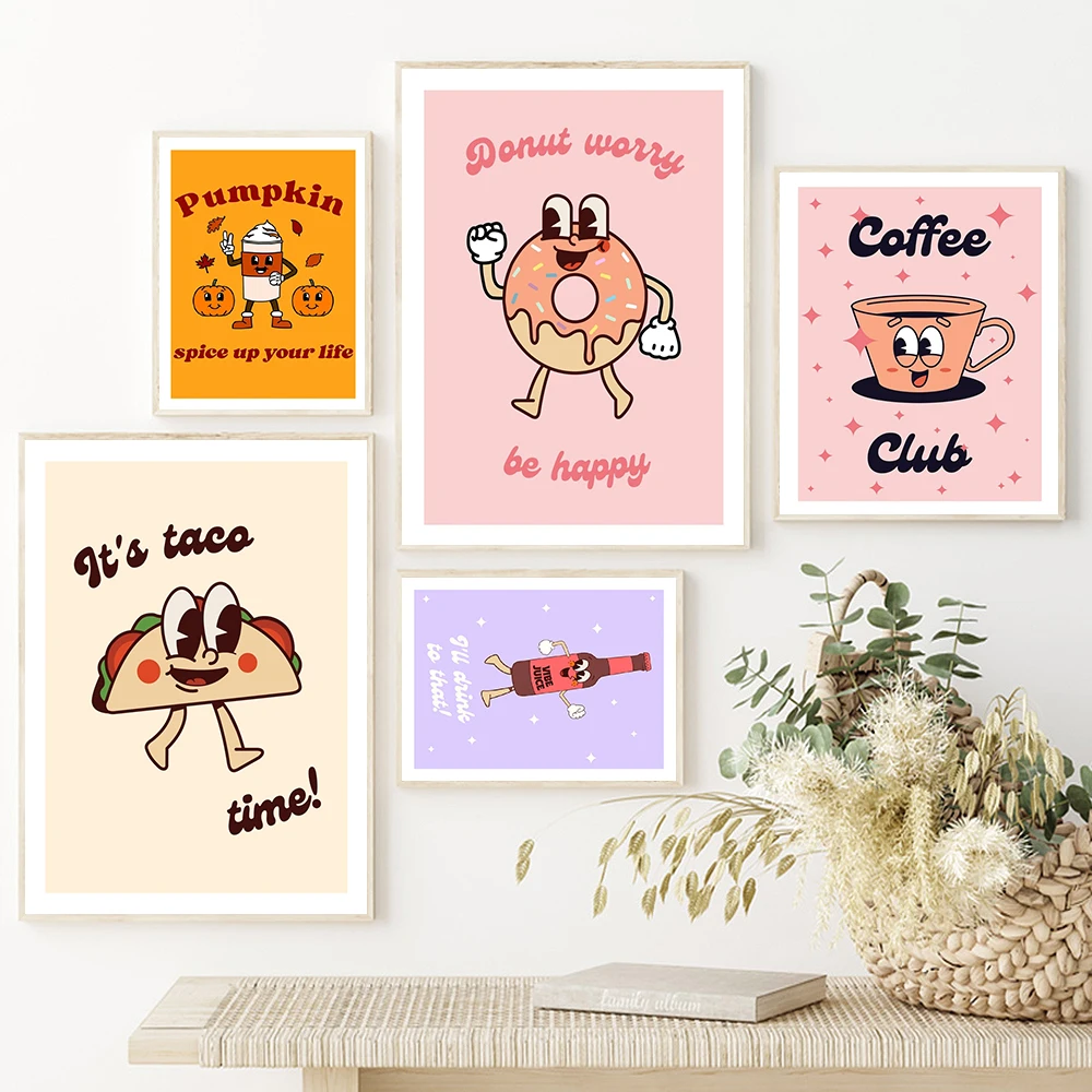 Мультяшный пивной пончик в стиле ретро тыква кофе клубный холст живопись