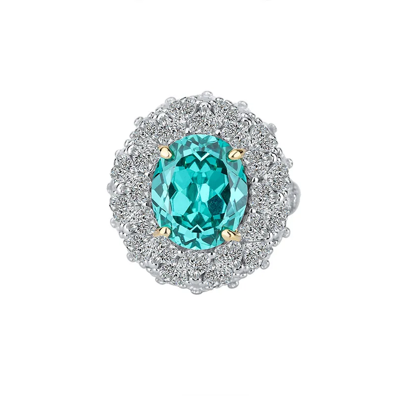 New fashion trend S925 silver inlaid 5A zircon emerald Paraiba full inlaid color separation ring for ladies