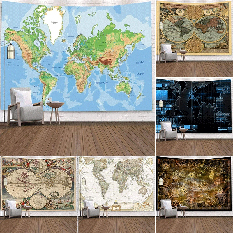 

TECHOME World Map Tapestry Fabric Wall Hanging Watercolor Map Letter Hippie Wall Decor Polyester Table Cover Yoga Towel