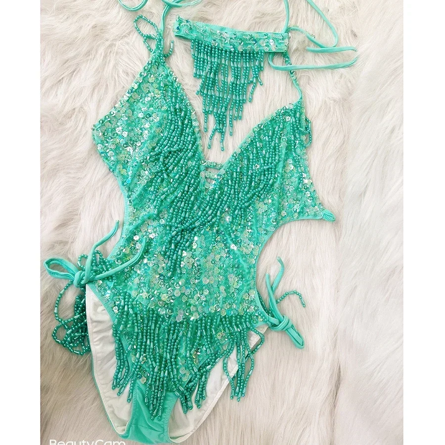 Новый Блестящий женский костюм с бисером и блестками Цельный боди бахромой
