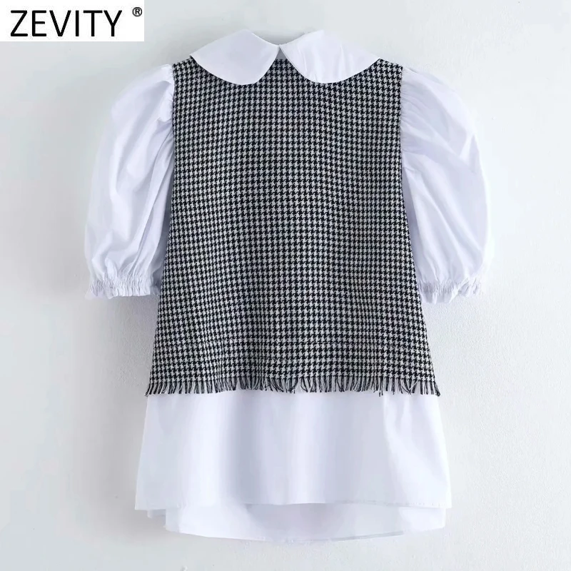 Zevity Frauen Vintage Hahnentritt-tweed Patchwork Weiß Popeline Bluse Femme Puff Hülse Kittel Shirt Chic Quaste Blusas Top LS9332