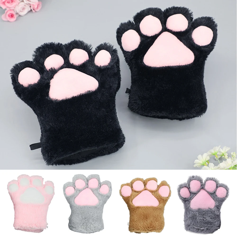 

1Pair Plush Short Fingerless Panda Mittens Cute Fluffy Cat Paw Claw Gloves Women Winter Warm Half Finger Gloves Christmas Gift