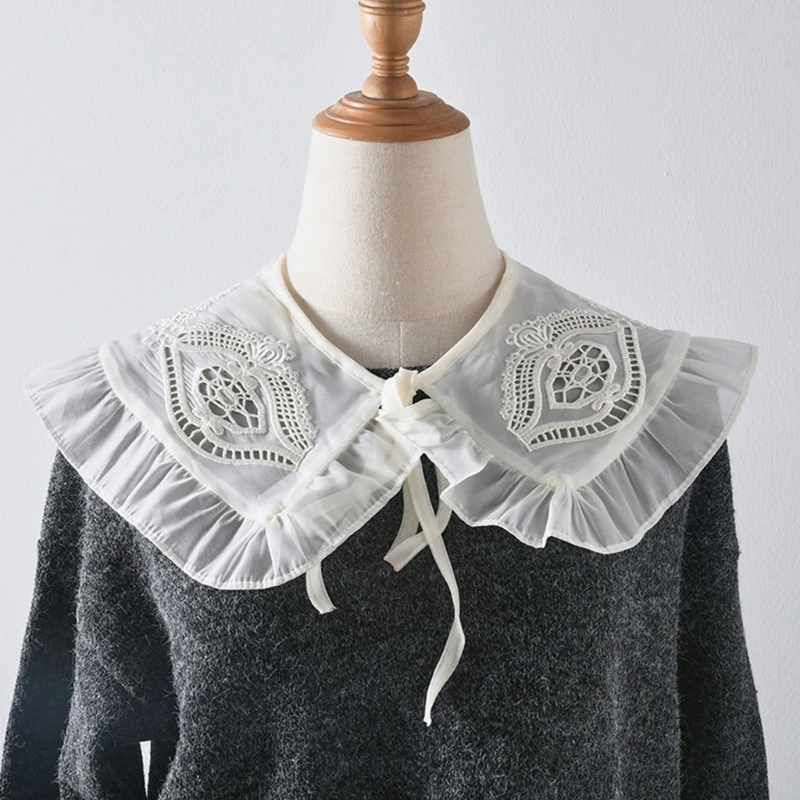 

E9LC Women Embroidery Detachable Collar Shawl Lace-Up Bowknot Ruffled Capelet Poncho