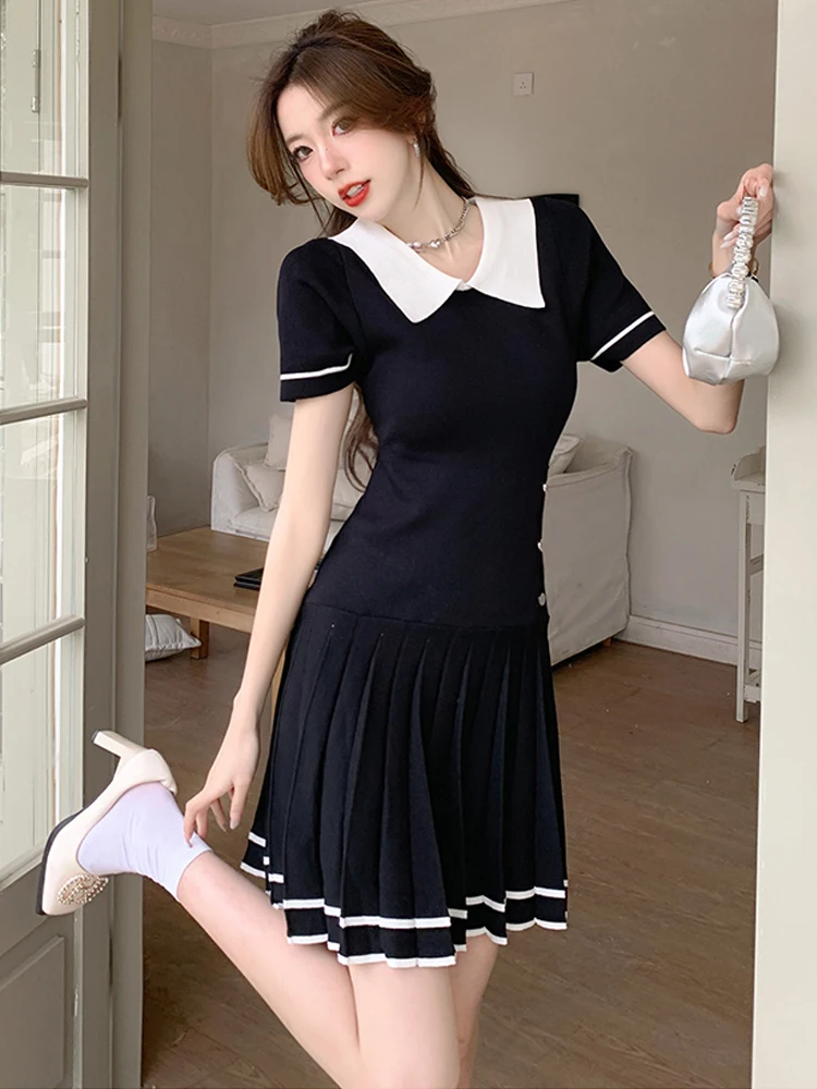 

Women Fashion Polo Collar Short Sleeve Knit Dress Ladies Black Color Contrast Knitted Mini Dresses 2023 Spring Summer New