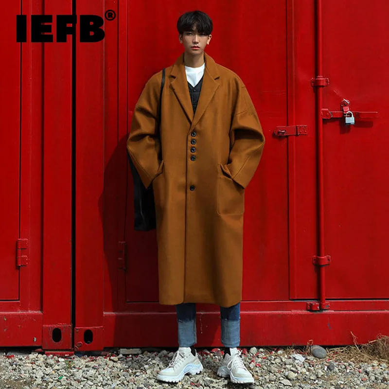 

IEFB Autumn Winter Men's Thickened Woolen Coat Korean Style Trend Clothing Medium Length Blends Windbreakers Over Knee 9C1636