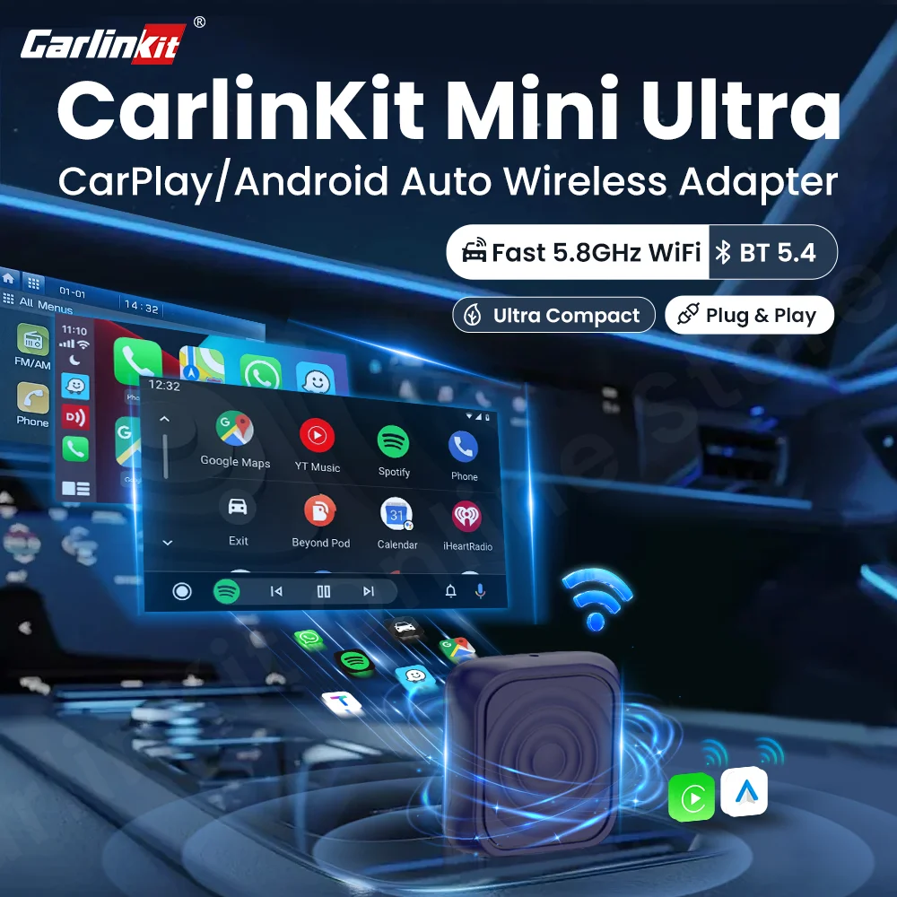 

Беспроводной адаптер CarlinKit Mini Ultra CarPlay Android auto для обновления автомобильной інформационной развлечений BT 5,4 ГГц Wi-Fi 5,8 ГГц обновление OTA