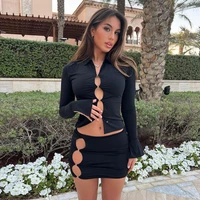 womens solid color slim hollow out two piece suit sexy long sleeve turn down collar short top low waist skirt suit