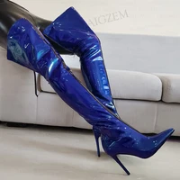 LAIGZEM Women Thigh High Boots Patchwork Back Full Zip Up Thin Heels Over Knee Boots Handmade Shoes Woman Big Size 38 41 44 4647