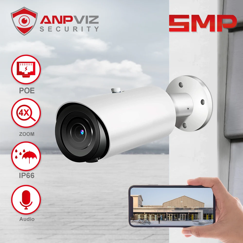 

Anpviz 5MP PoE Bullet IP Camera 4X Optical Zoom SD Sard Slot Audio IP66 Video Surveillance Camera 30M IR Hikvision Compatible