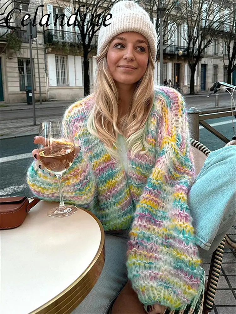 

Celandine Lantern Full Sleeve Rainbow Cardigan Sweater Loose Fall Winter Y2K Knitted Crochet Casual Jumpers Women 2023