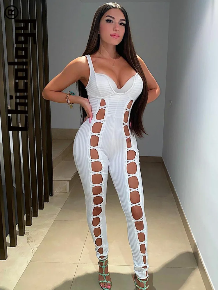 

Chicology 2022 Women Hollow Out V Neck Sleeveless Slim Solid Jumpsuit Sexy Party Party Streetwear Holiday Daily Fashion Clothes
