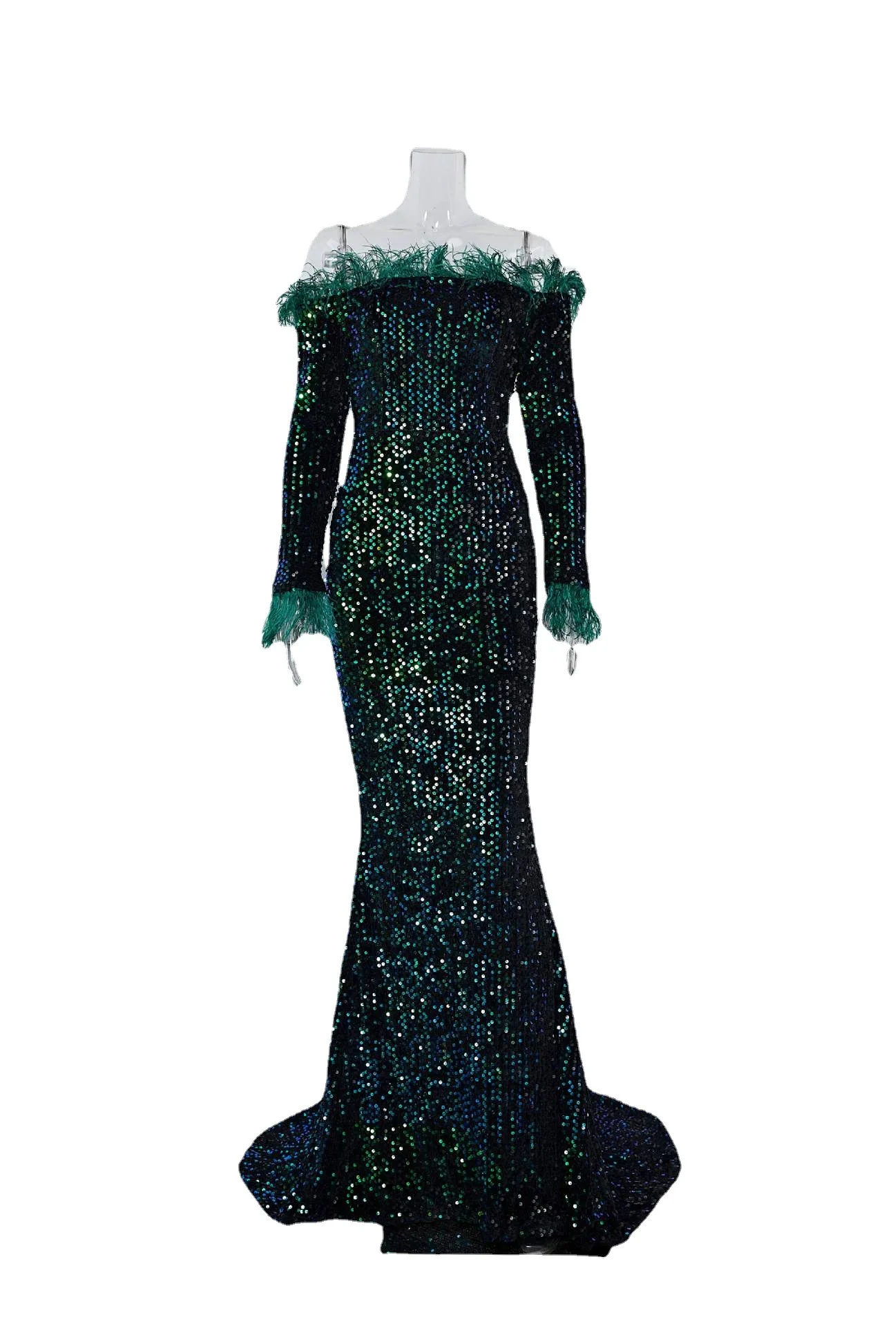 Sequins Evening Party Dress for Women Feather Trim Long Sleeve Banquet Gown Elegant Ladies Party Dresses for Women Vestidos