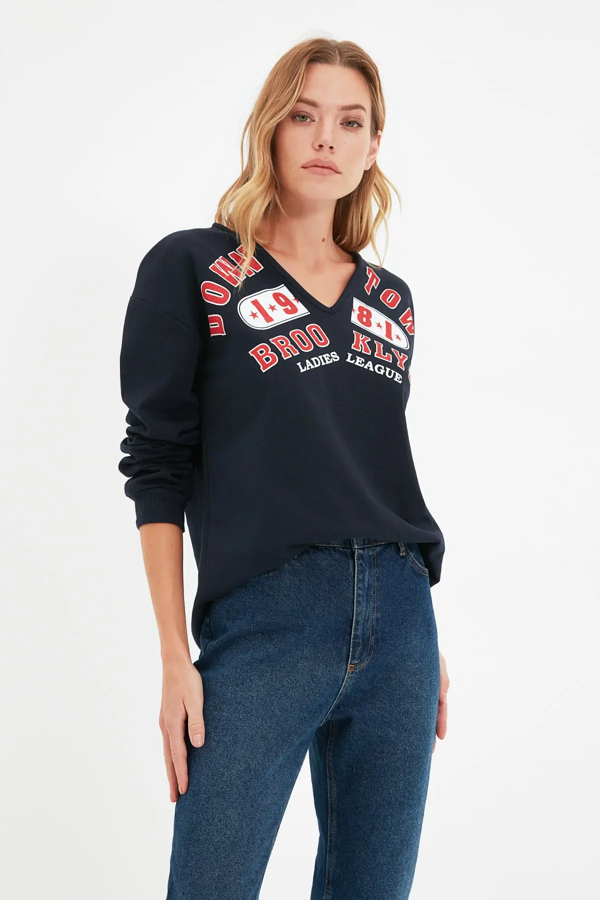 

Women's Sweatshirt Navy Blue Printed V Neck Loose Slim Knitted Hoodies Fashion All Season New Pullovers Fleece