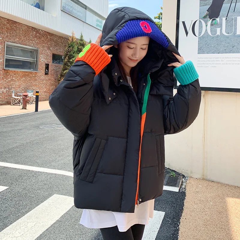 

#3245 Black White Blue Grey Spliced Color Short Jacket Women Loose Zipper Short Coats Female Zipper Warm Outerwear Parka Winter