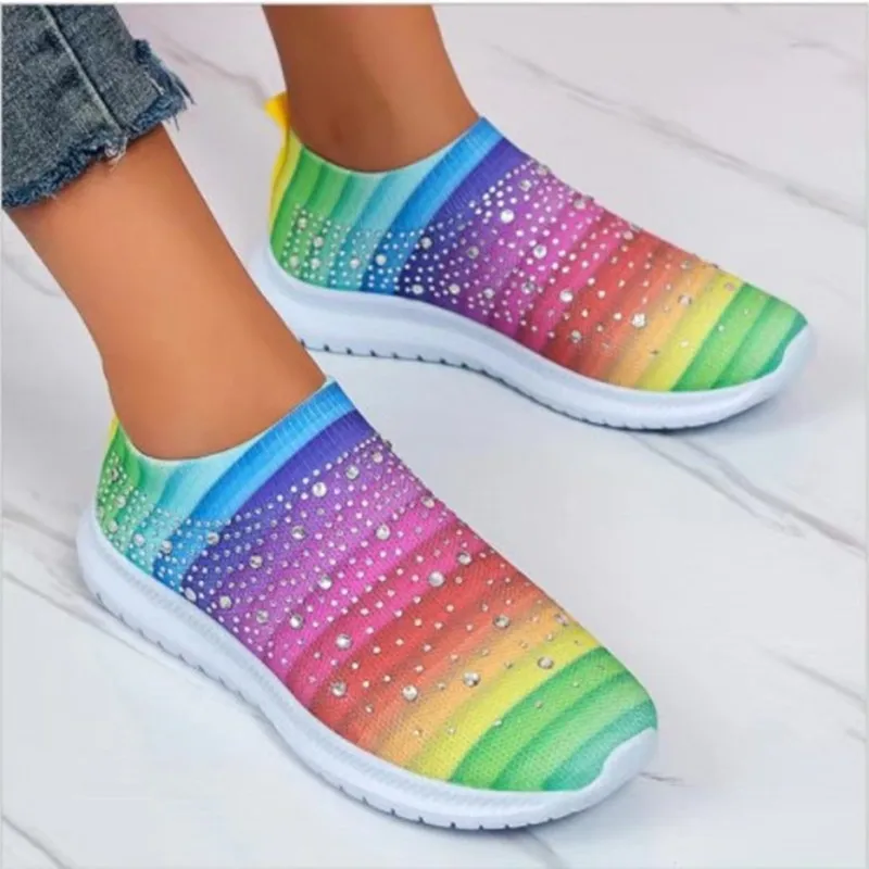

New Fashion Women Sneakers Rainbow Color Handmade Mesh Vulcanize Leisure Shoes Low-top Casual Ladies Running Shoes