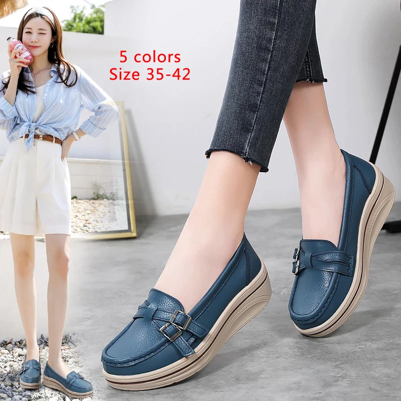 

Plus size35-42 Spring Autumn Women Flats Platform Loafers Ladies Leather Comfort Wedge Slip On Casual Shoes Fashion Metal Buckle