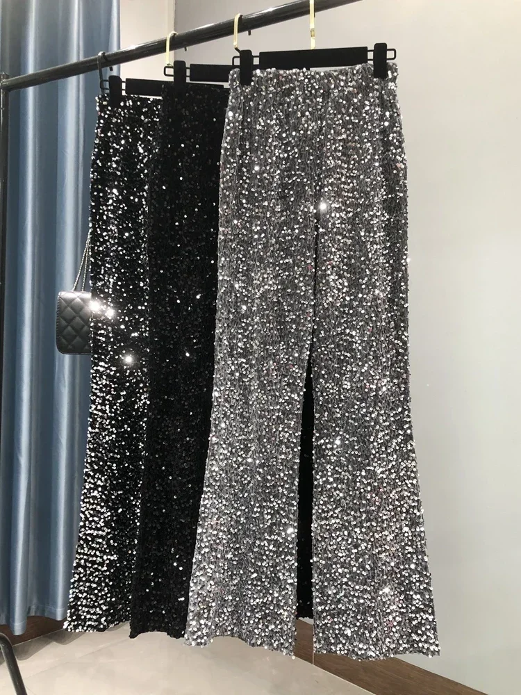 Уличная одежда с высокой талией свободные расклешенные брюки серебряные для