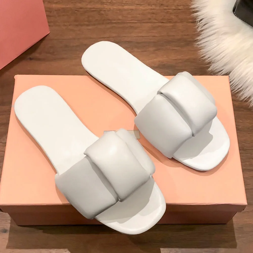 2023 Brand New Women Casual Top Quality Open Toe Padded Leather Slides Leisure Flat Comfort Sole Comfy Shoes Slippers Sandal